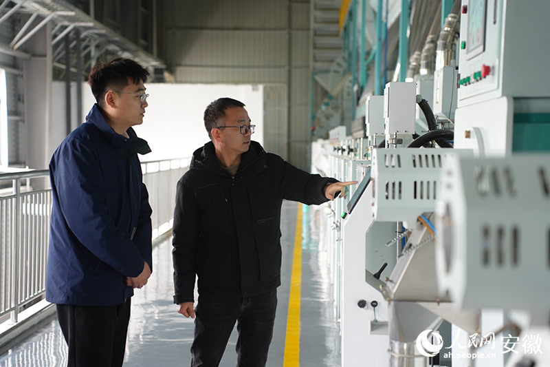 国元农业保险农险驻点员潘伟昊（左）进新禾米业厂房勘察。人民网记者 王锐摄